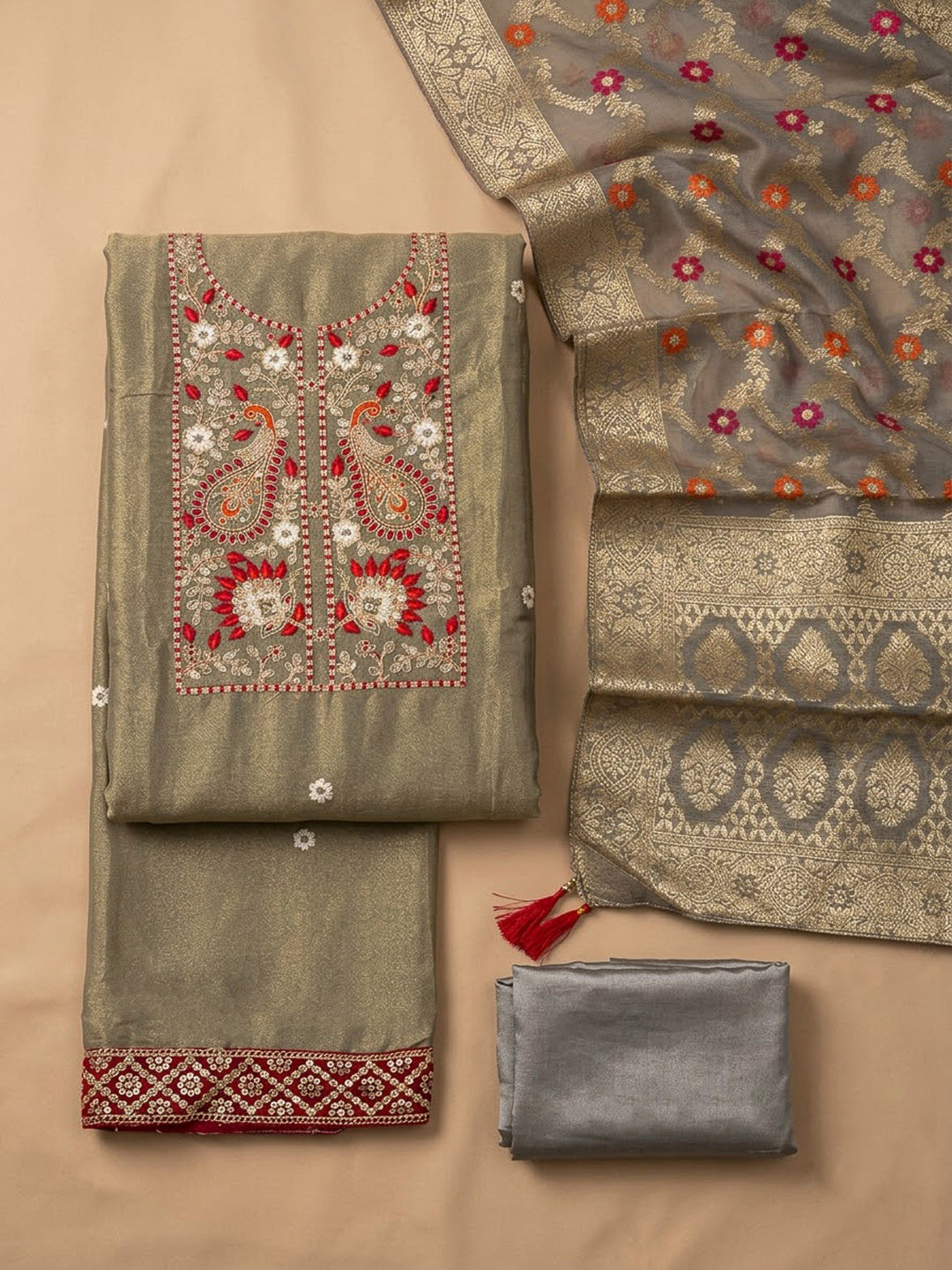 Grey Chanderi Embroidered Unstitched Dress Material