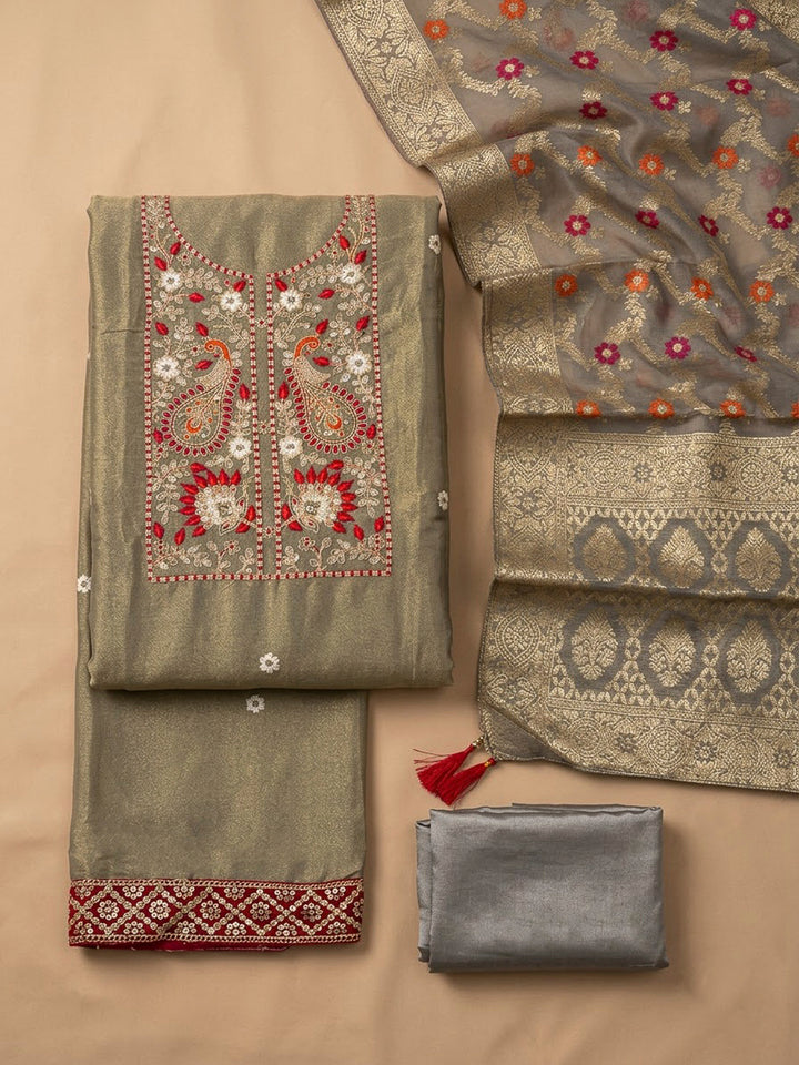 Grey Chanderi Embroidered Unstitched Dress Material