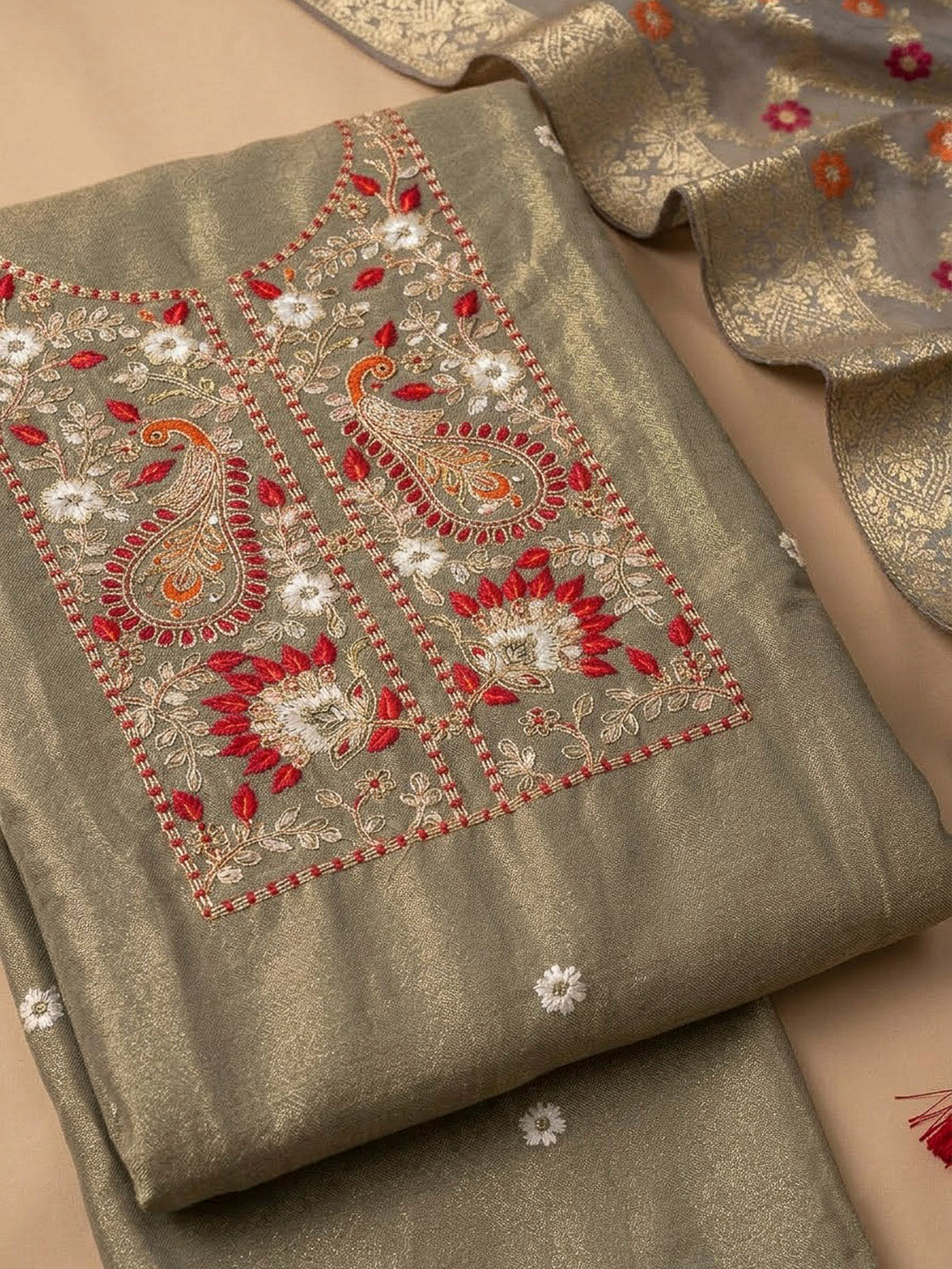 Grey Chanderi Embroidered Unstitched Dress Material