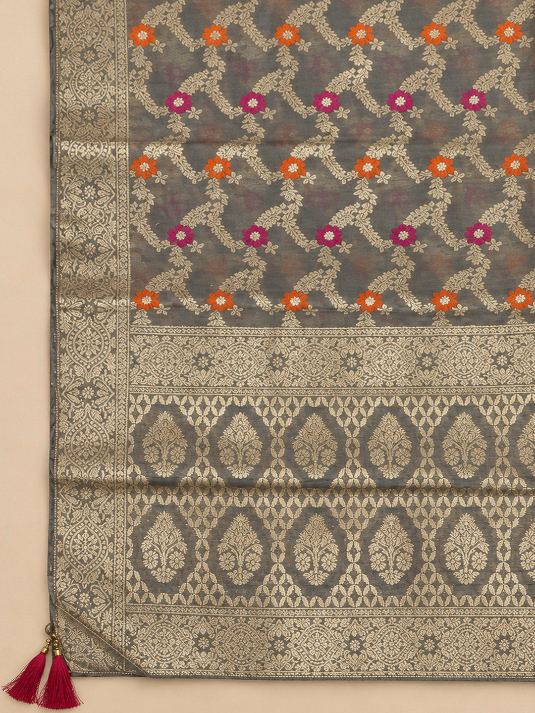 Grey Chanderi Embroidered Unstitched Dress Material