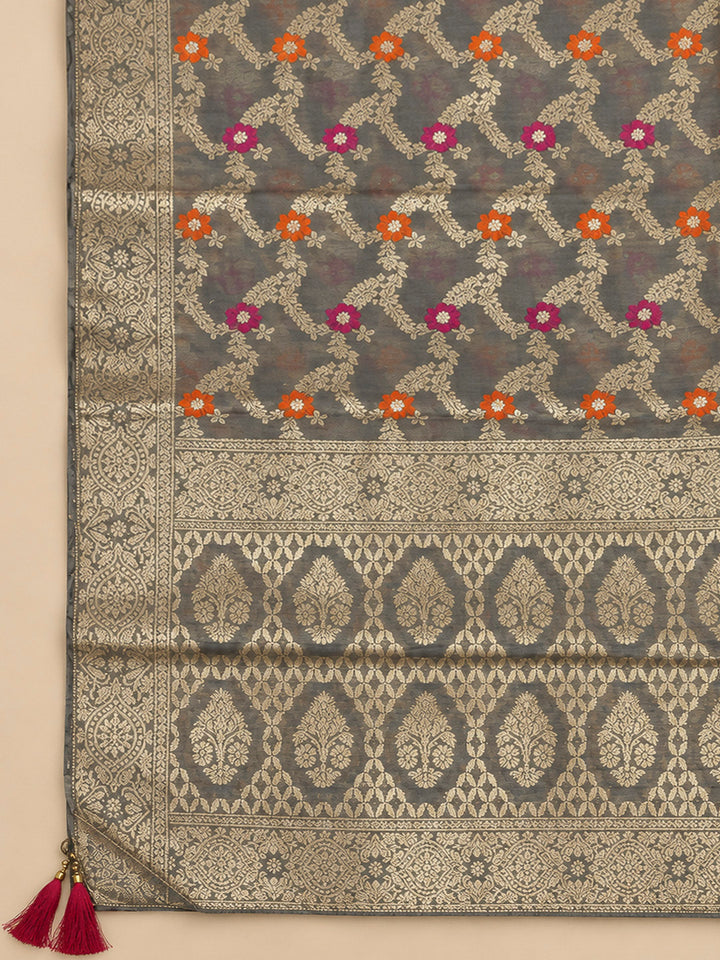 Grey Chanderi Embroidered Unstitched Dress Material
