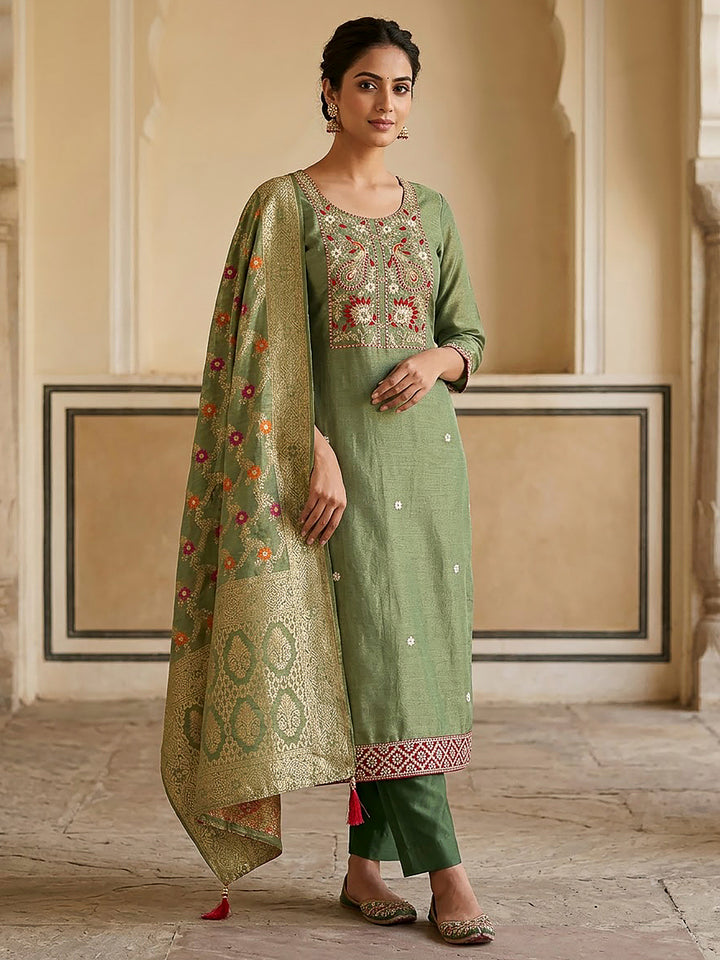 Mehndi Chanderi Embroidered Unstitched Dress Material
