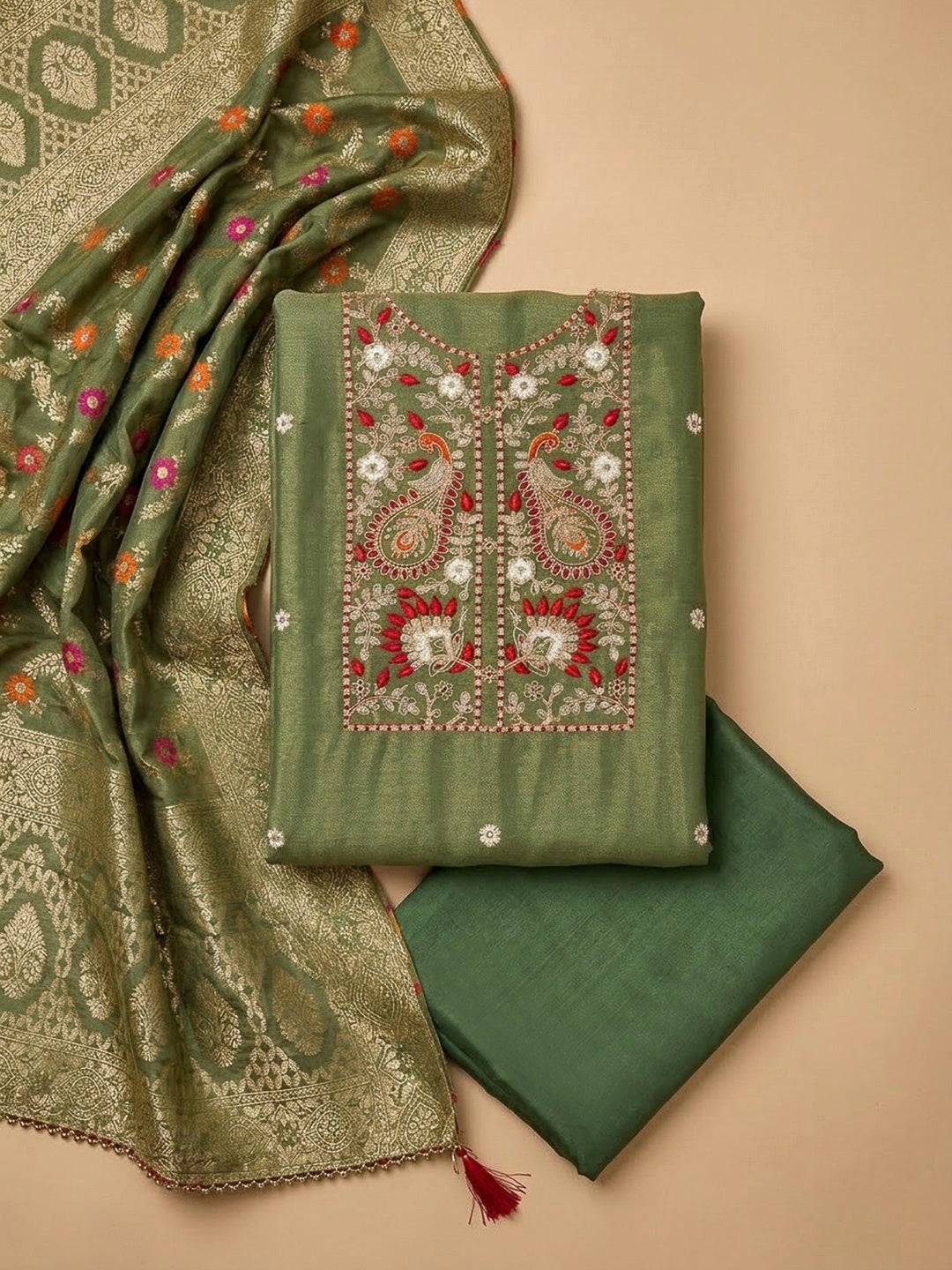 Mehndi Chanderi Embroidered Unstitched Dress Material