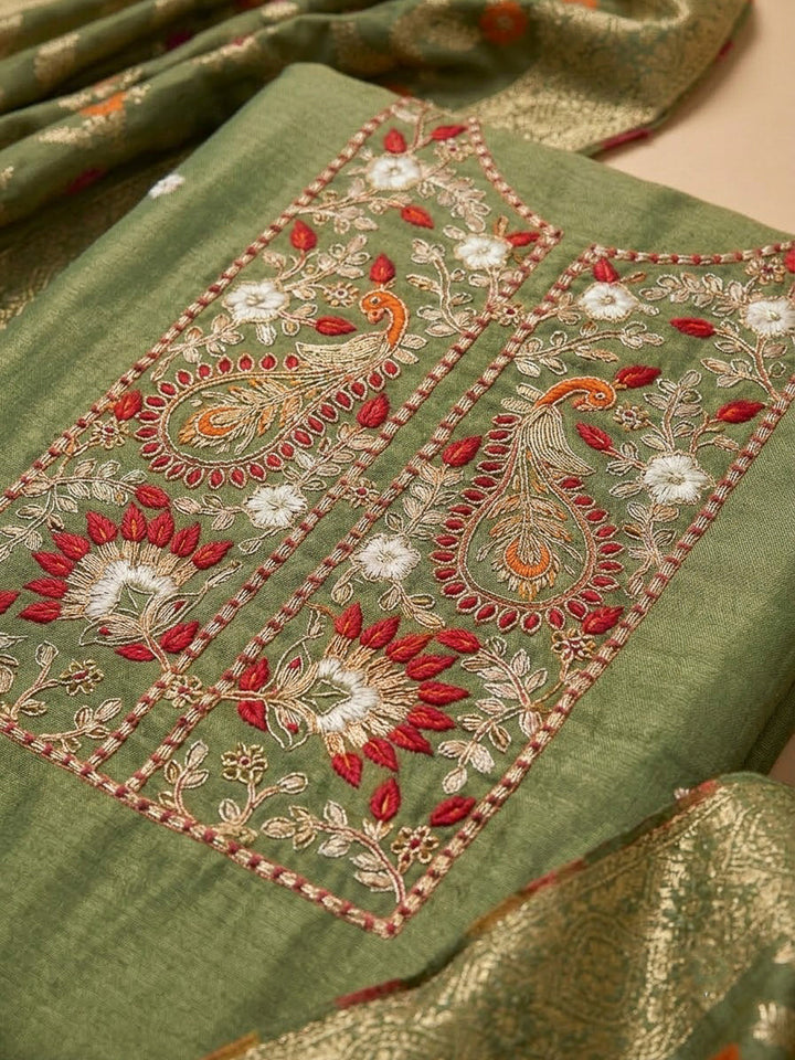 Mehndi Chanderi Embroidered Unstitched Dress Material