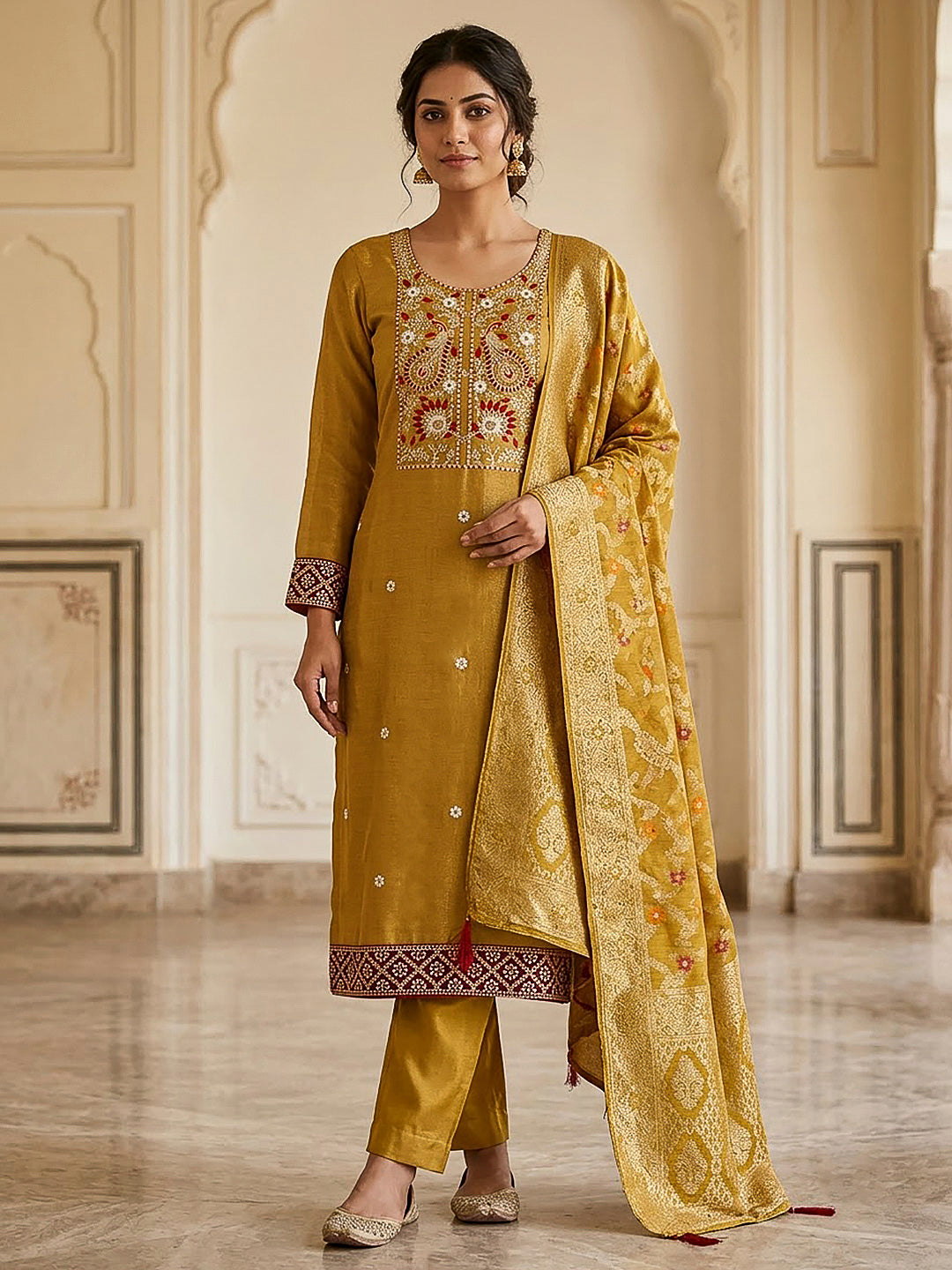 Mustard Chanderi Embroidered Unstitched Dress Material