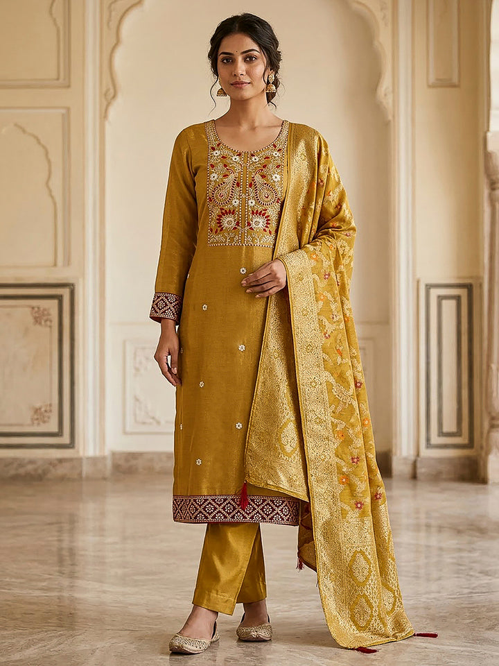 Mustard Chanderi Embroidered Unstitched Dress Material