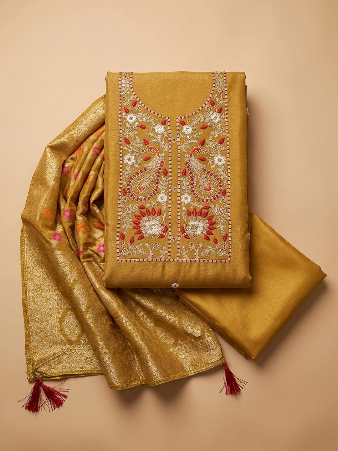 Mustard Chanderi Embroidered Unstitched Dress Material