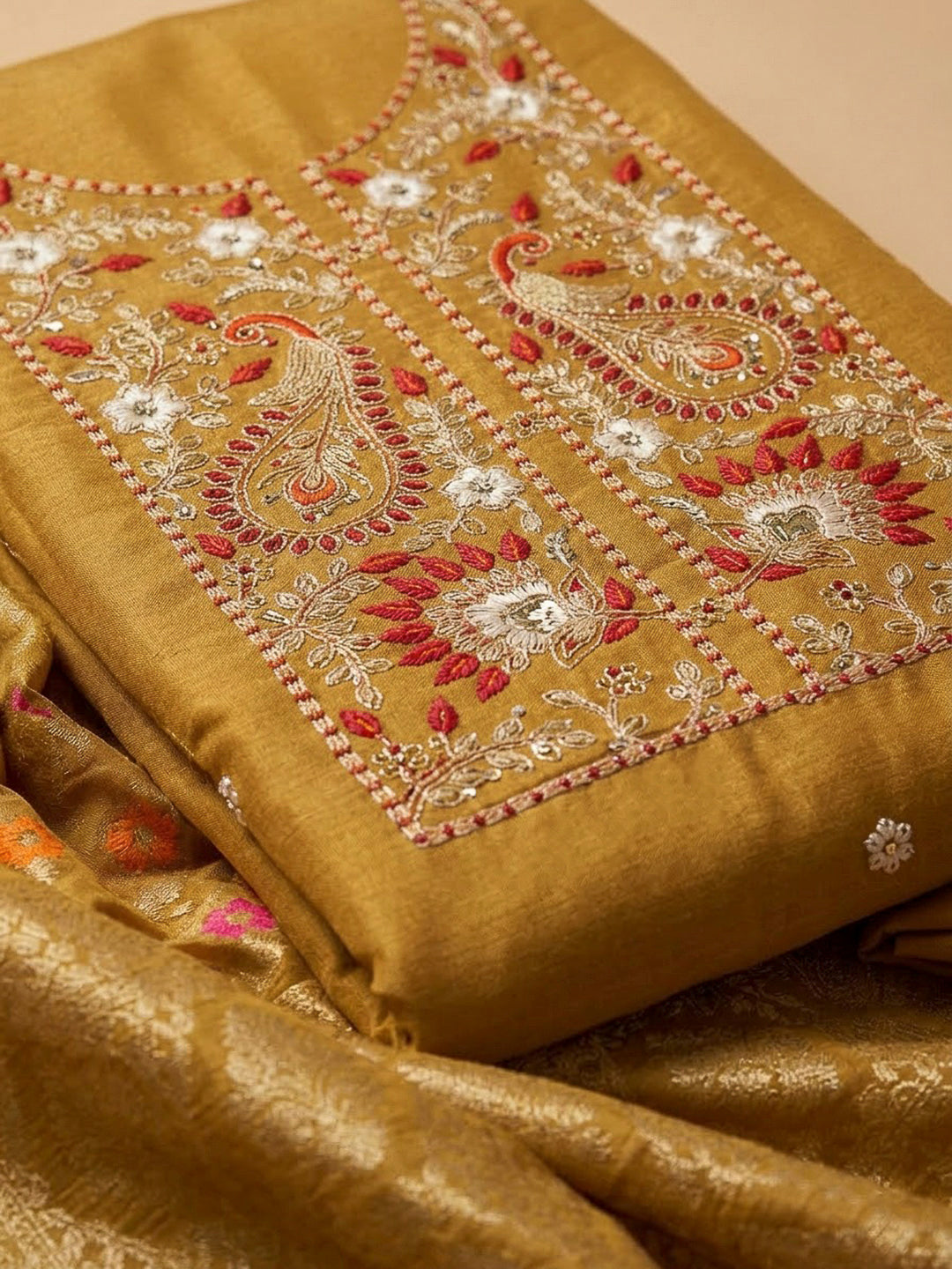 Mustard Chanderi Embroidered Unstitched Dress Material