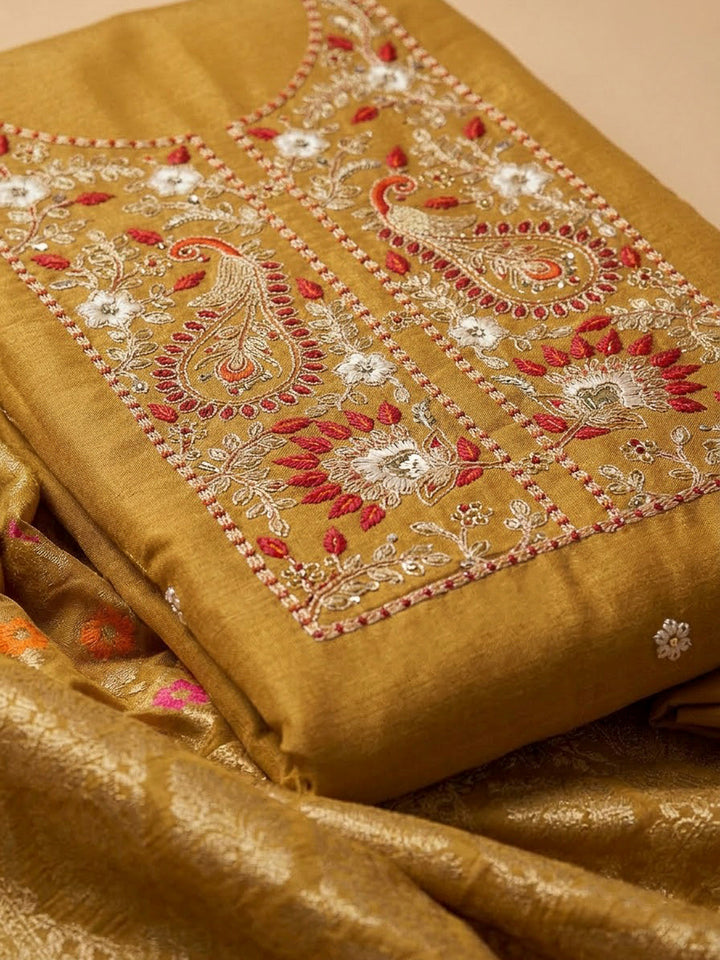 Mustard Chanderi Embroidered Unstitched Dress Material