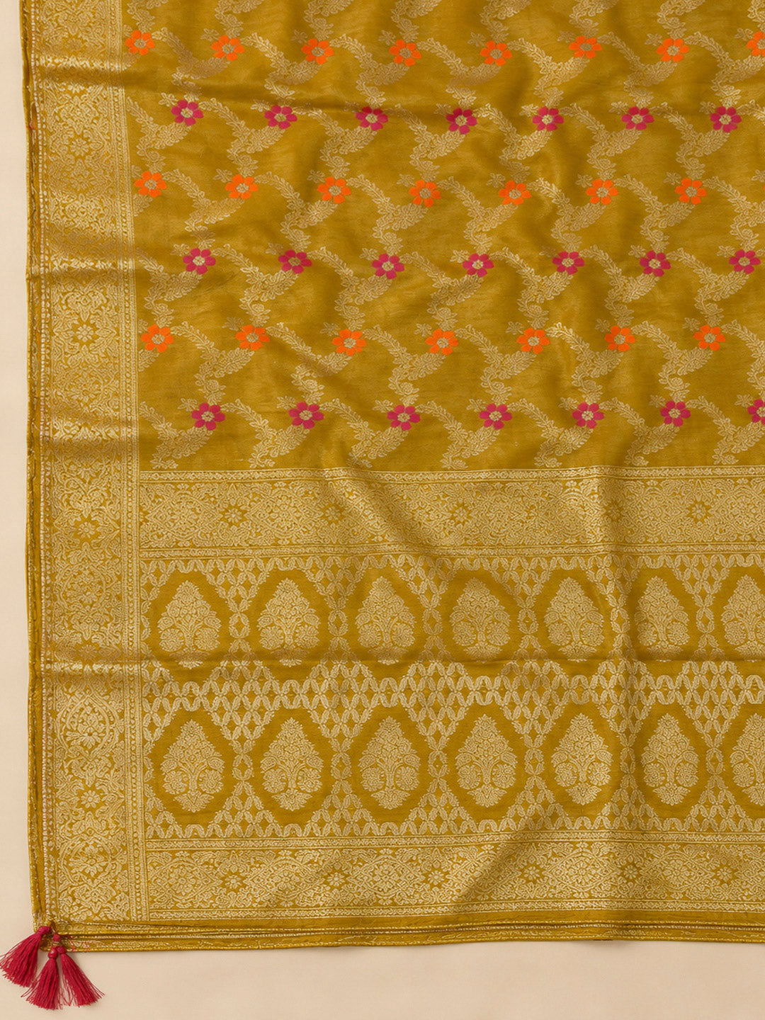 Mustard Chanderi Embroidered Unstitched Dress Material