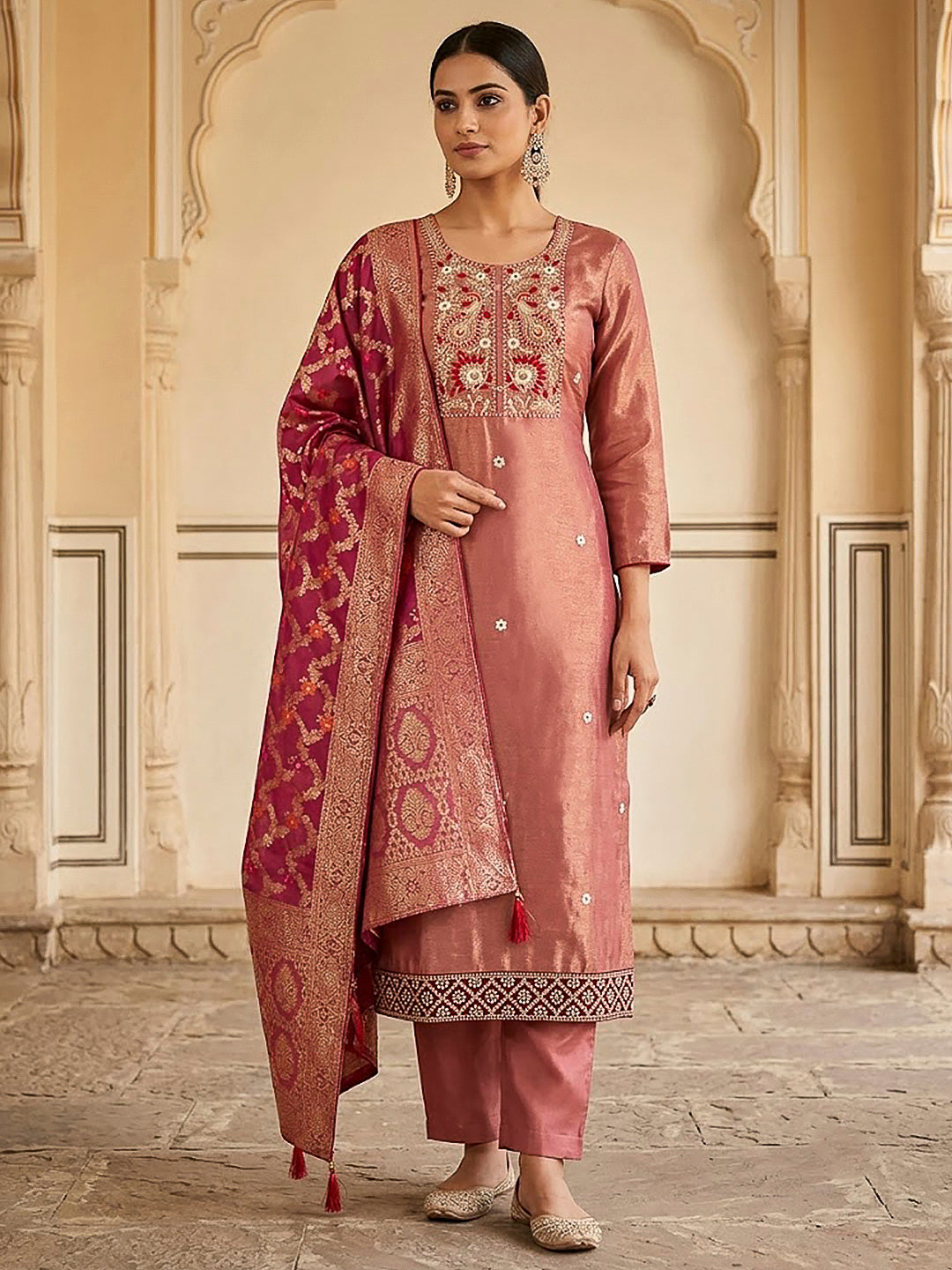 Onion Pink Chanderi Embroidered Unstitched Dress Material