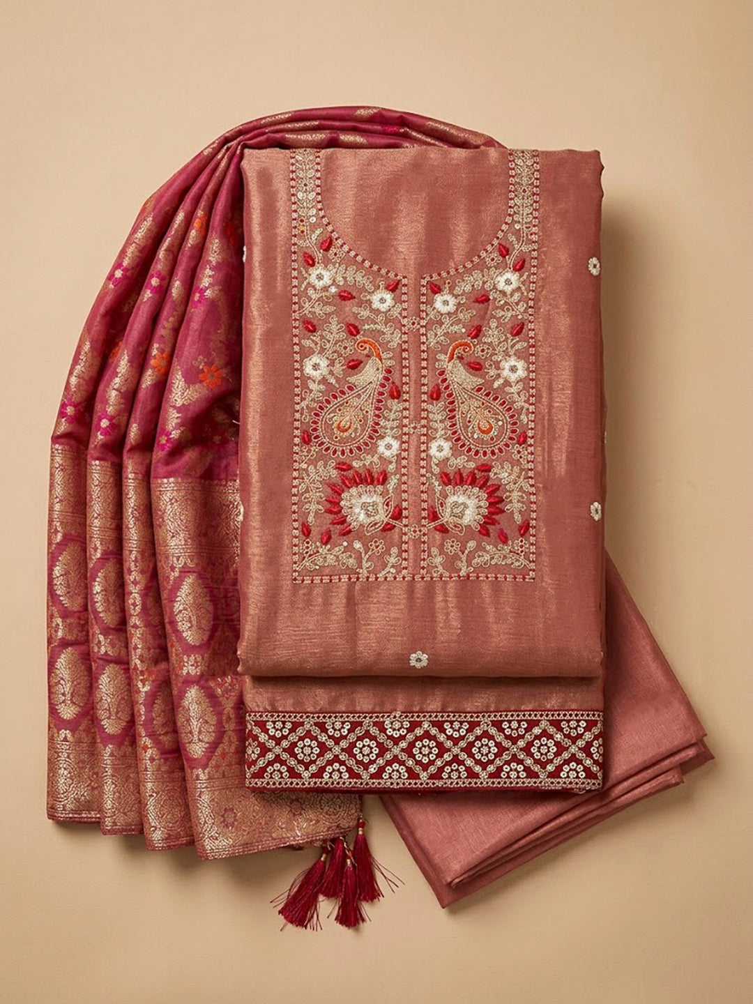 Onion Pink Chanderi Embroidered Unstitched Dress Material