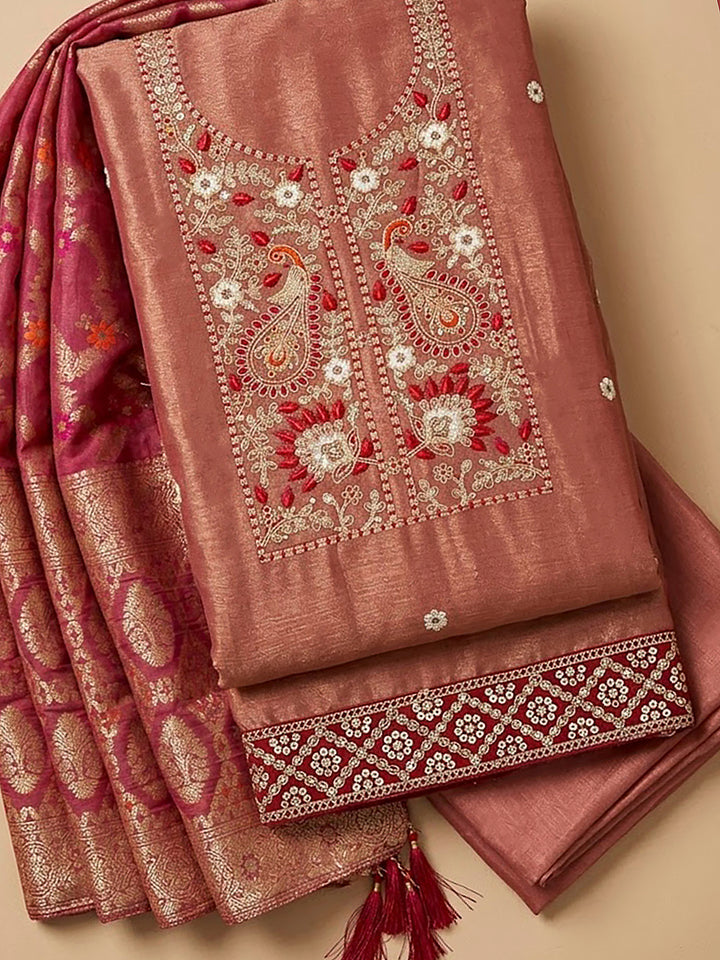 Onion Pink Chanderi Embroidered Unstitched Dress Material
