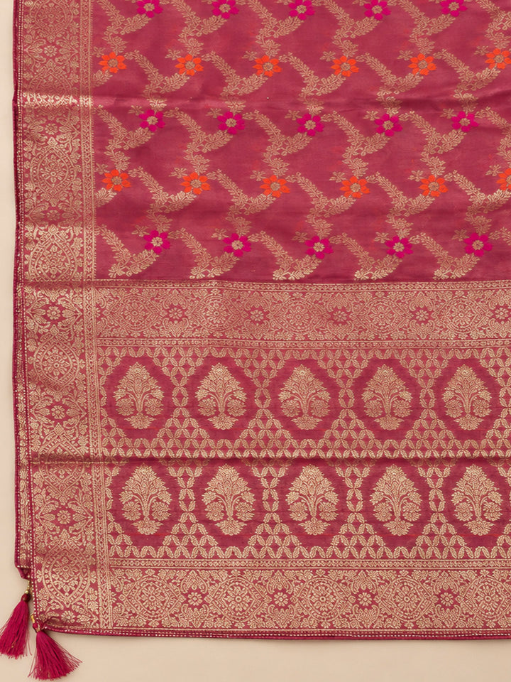 Onion Pink Chanderi Embroidered Unstitched Dress Material
