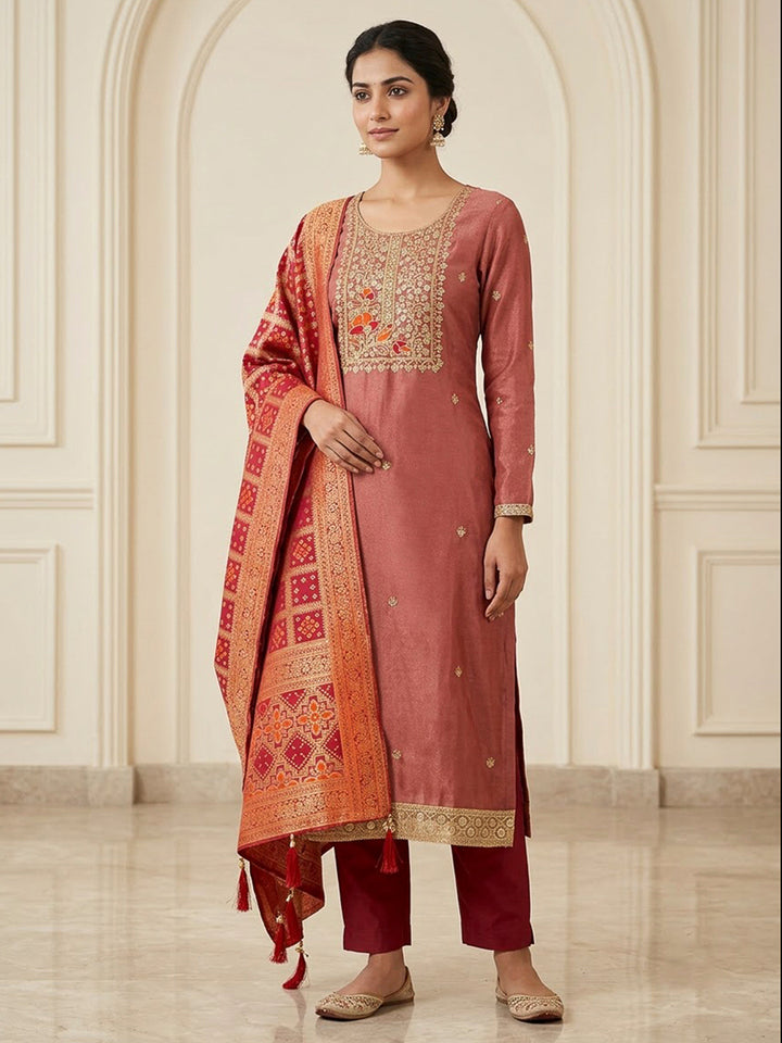Dusty Pink Chanderi Embroidered Unstitched Dress Material