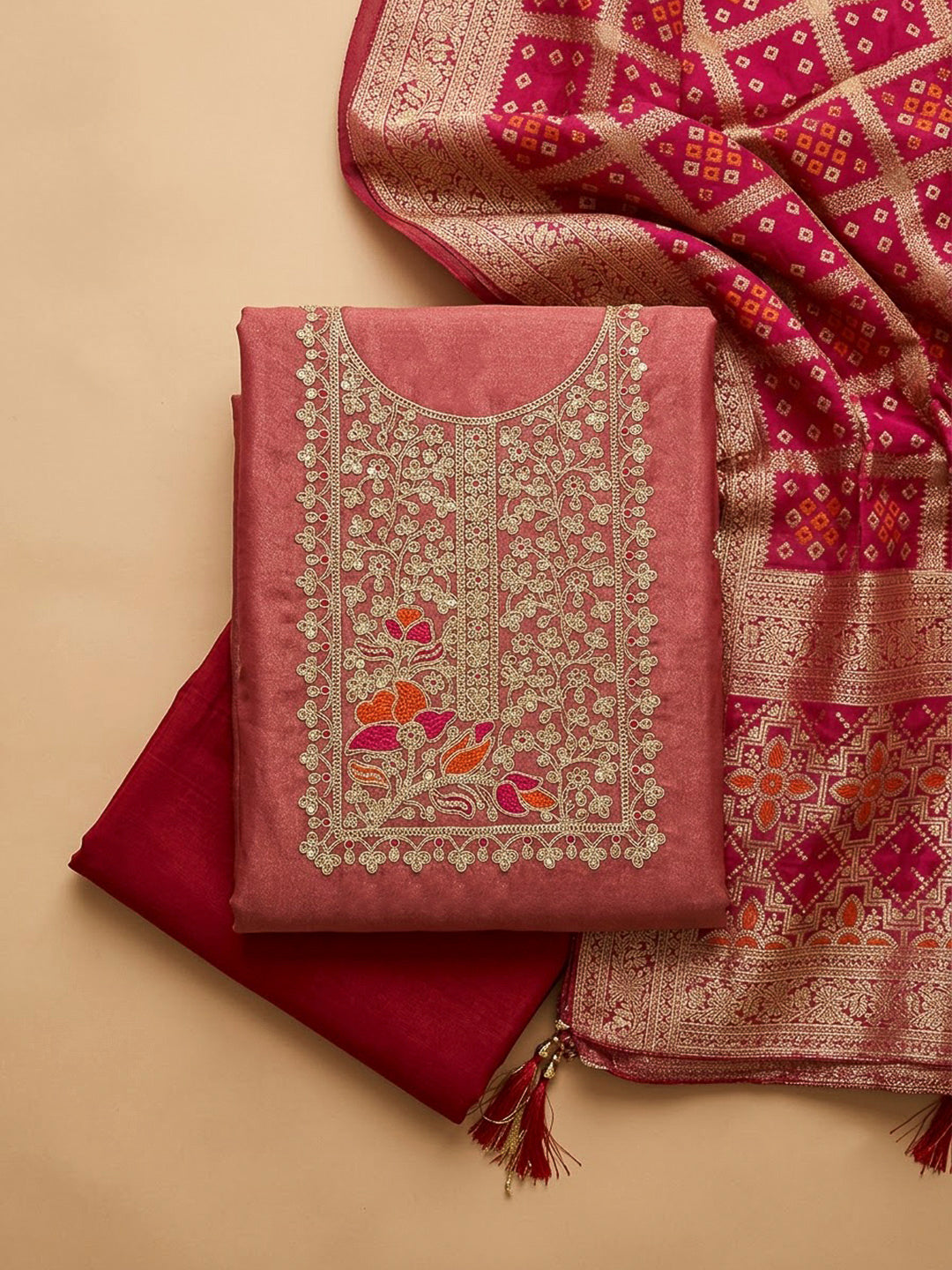 Dusty Pink Chanderi Embroidered Unstitched Dress Material