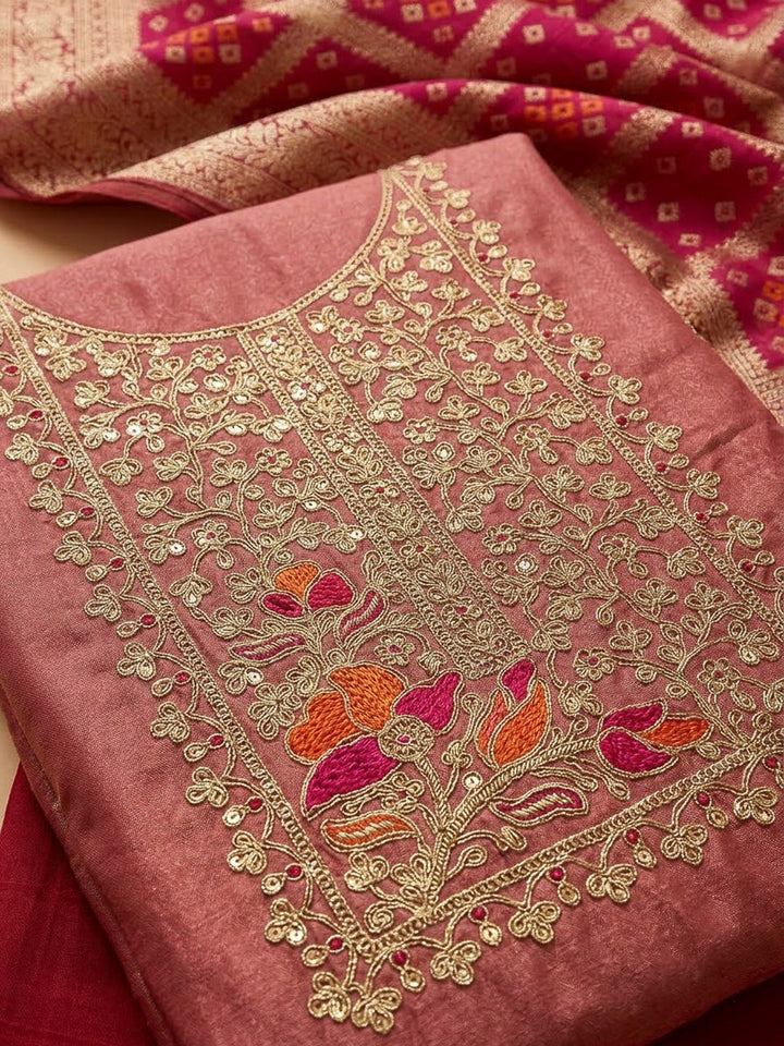 Dusty Pink Chanderi Embroidered Unstitched Dress Material