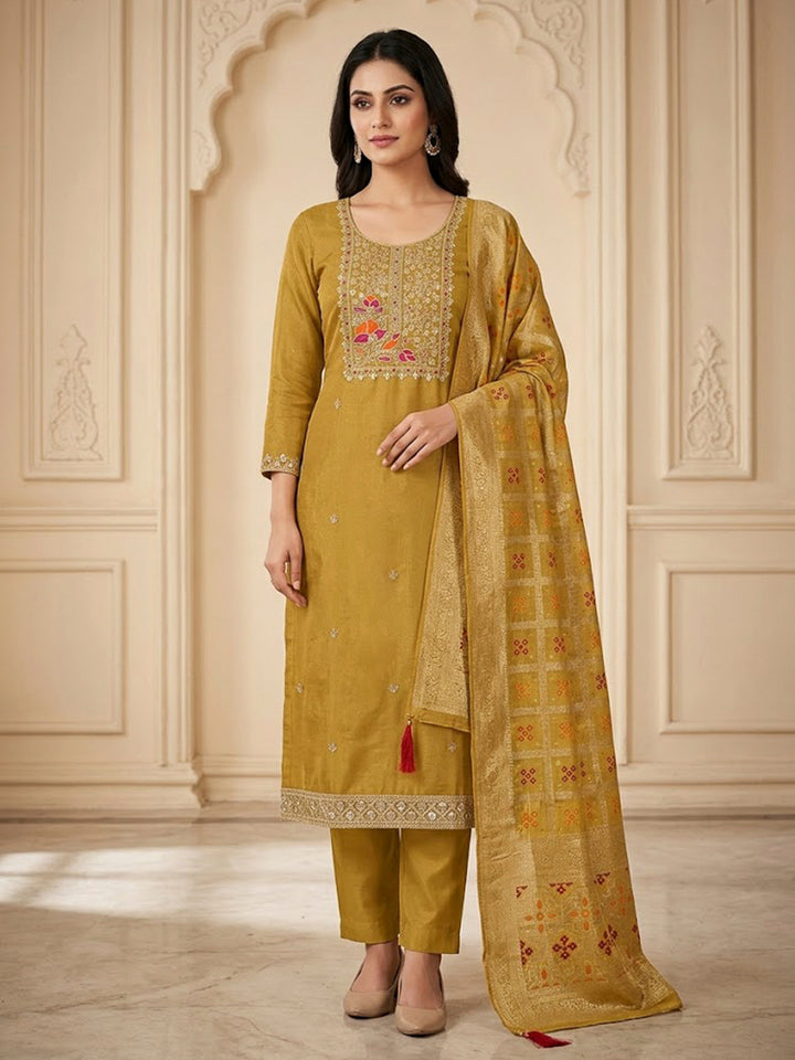Mustard Chanderi Embroidered Unstitched Dress Material