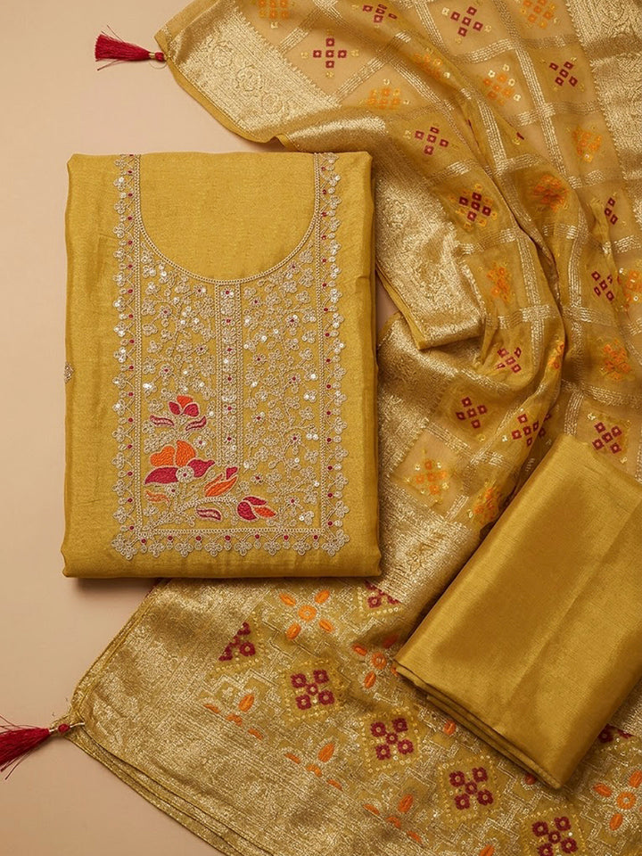 Mustard Chanderi Embroidered Unstitched Dress Material