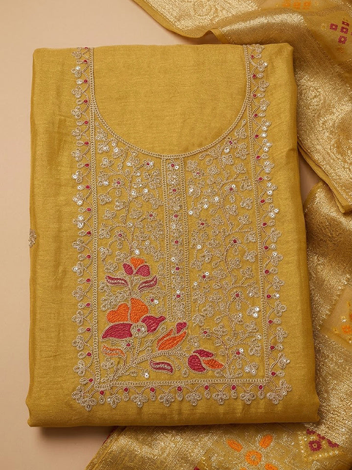 Mustard Chanderi Embroidered Unstitched Dress Material