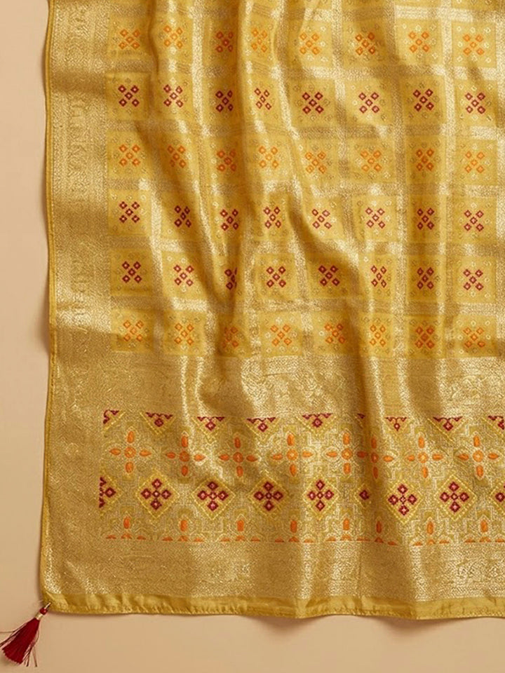 Mustard Chanderi Embroidered Unstitched Dress Material