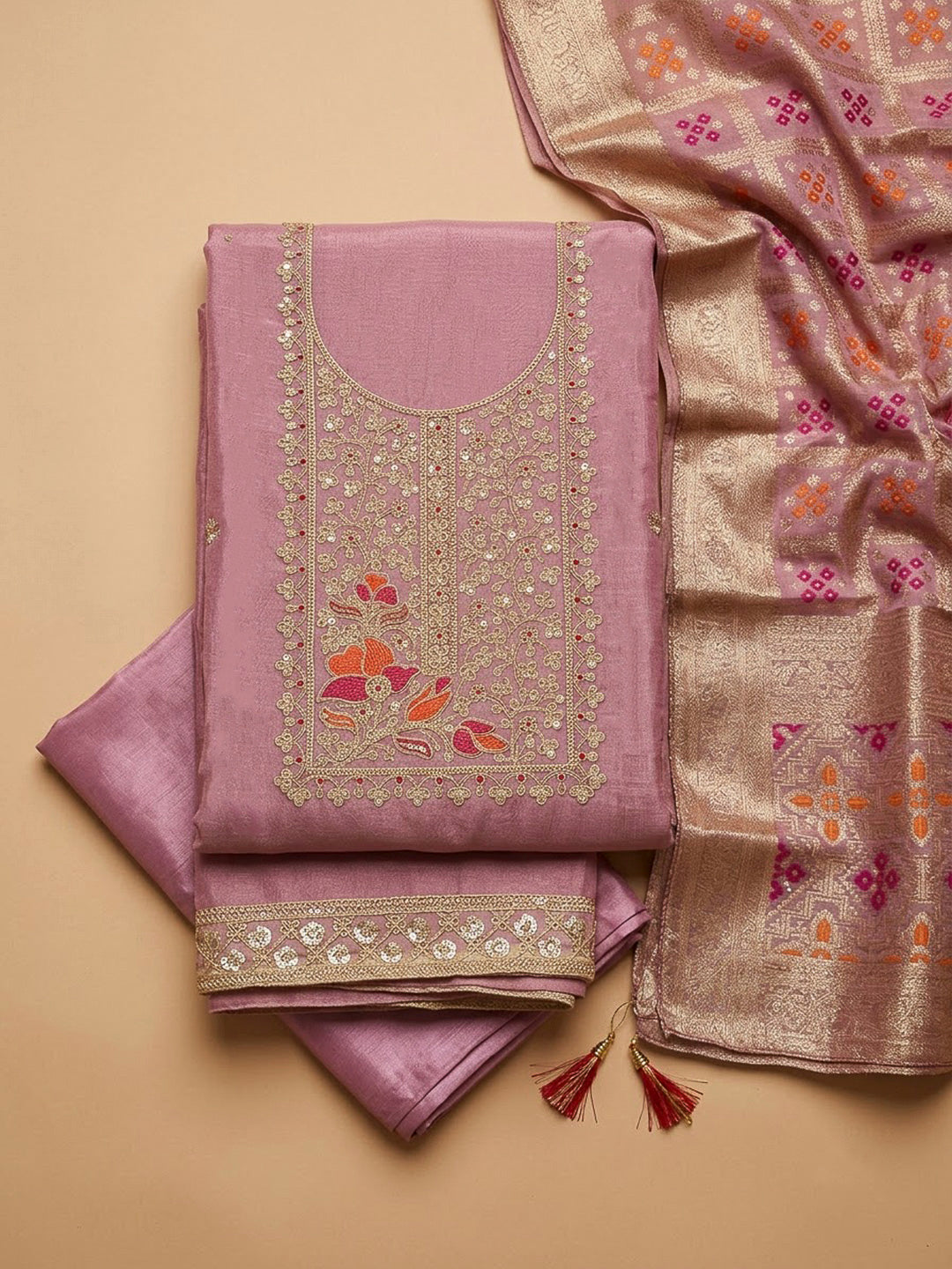 Pink Lavender Chanderi Embroidered Unstitched Dress Material