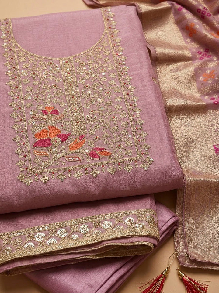 Pink Lavender Chanderi Embroidered Unstitched Dress Material