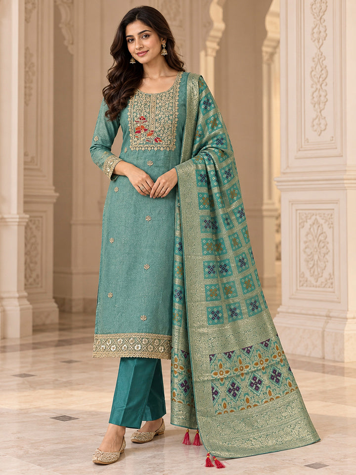 Rama Green Chanderi Embroidered Unstitched Dress Material