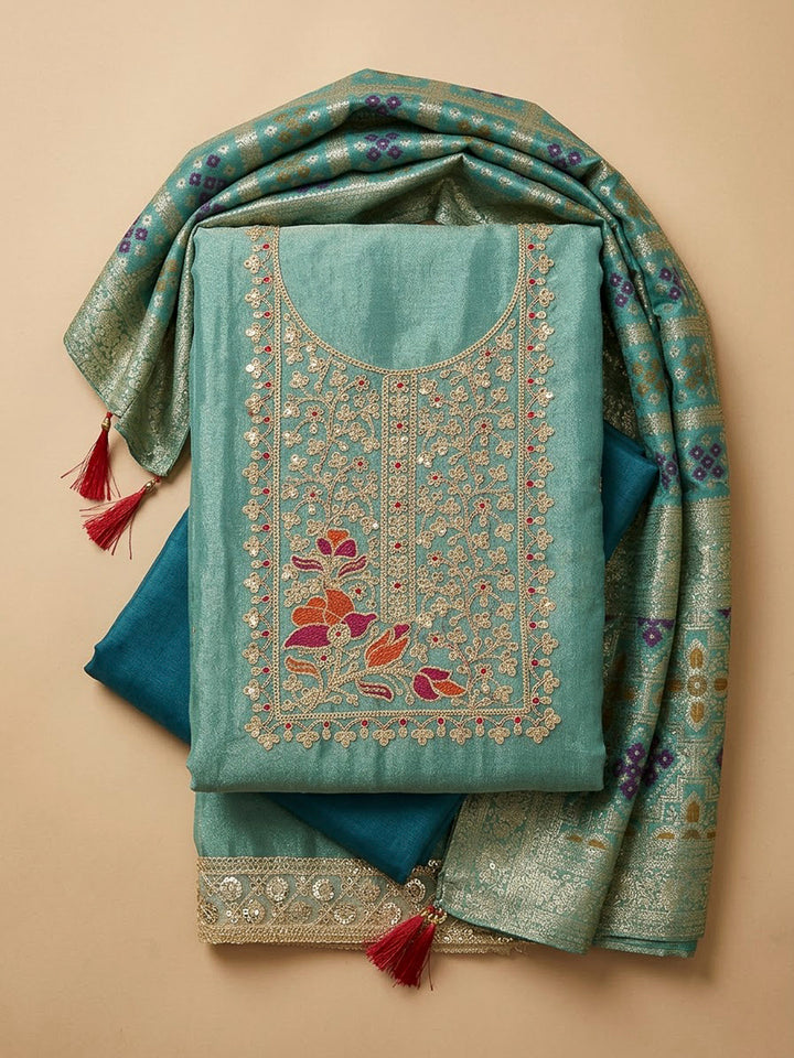 Rama Green Chanderi Embroidered Unstitched Dress Material