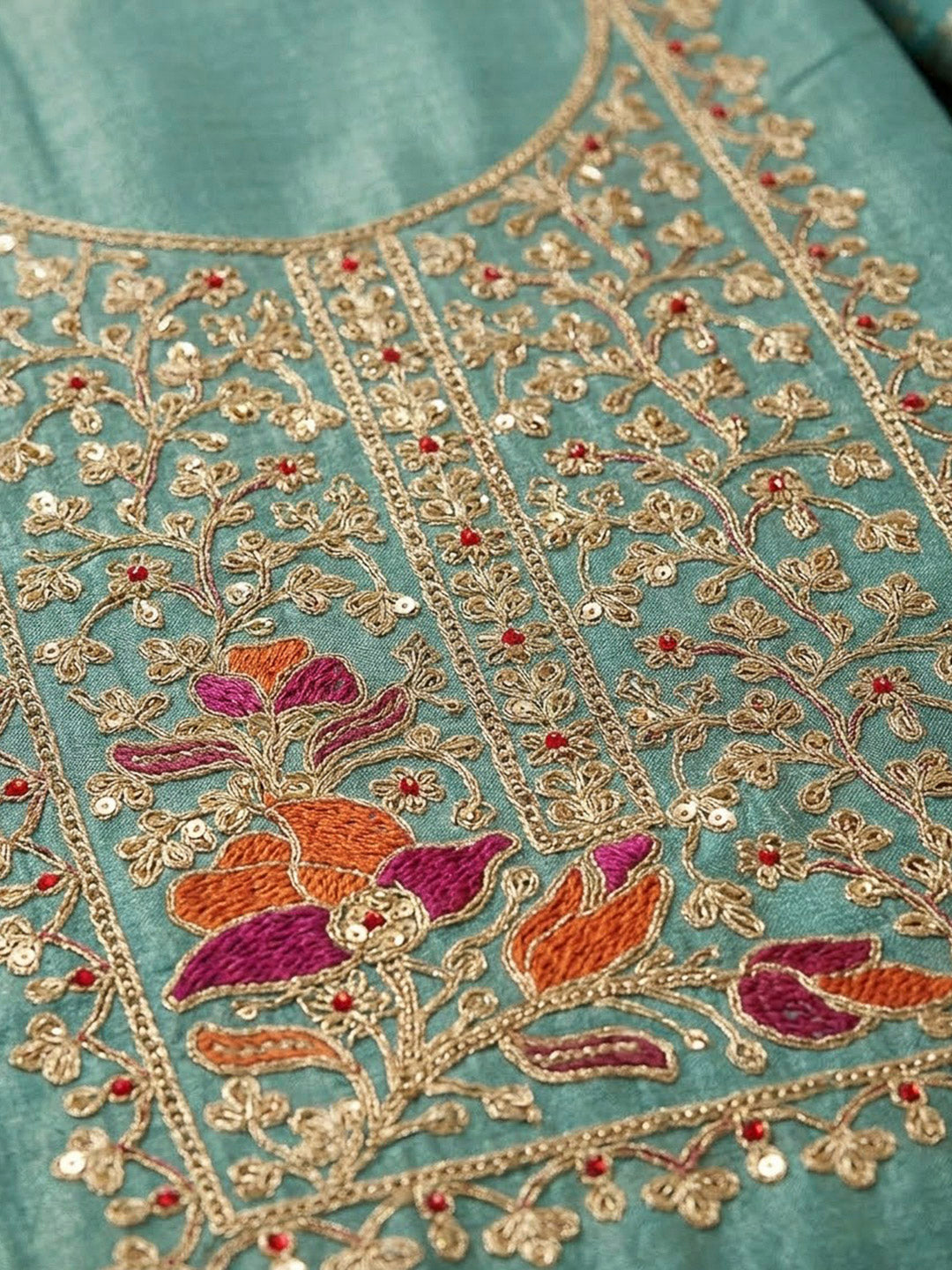Rama Green Chanderi Embroidered Unstitched Dress Material