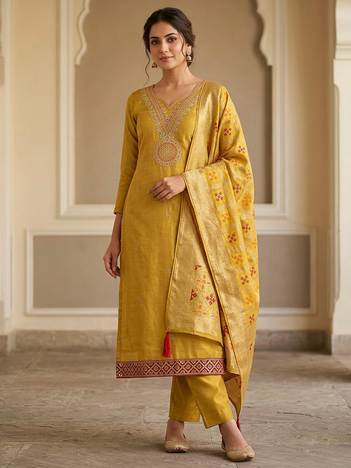 Mustard Tissue Embroidered Unstitched Dress Material