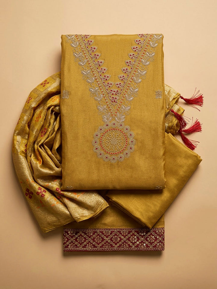 Mustard Tissue Embroidered Unstitched Dress Material