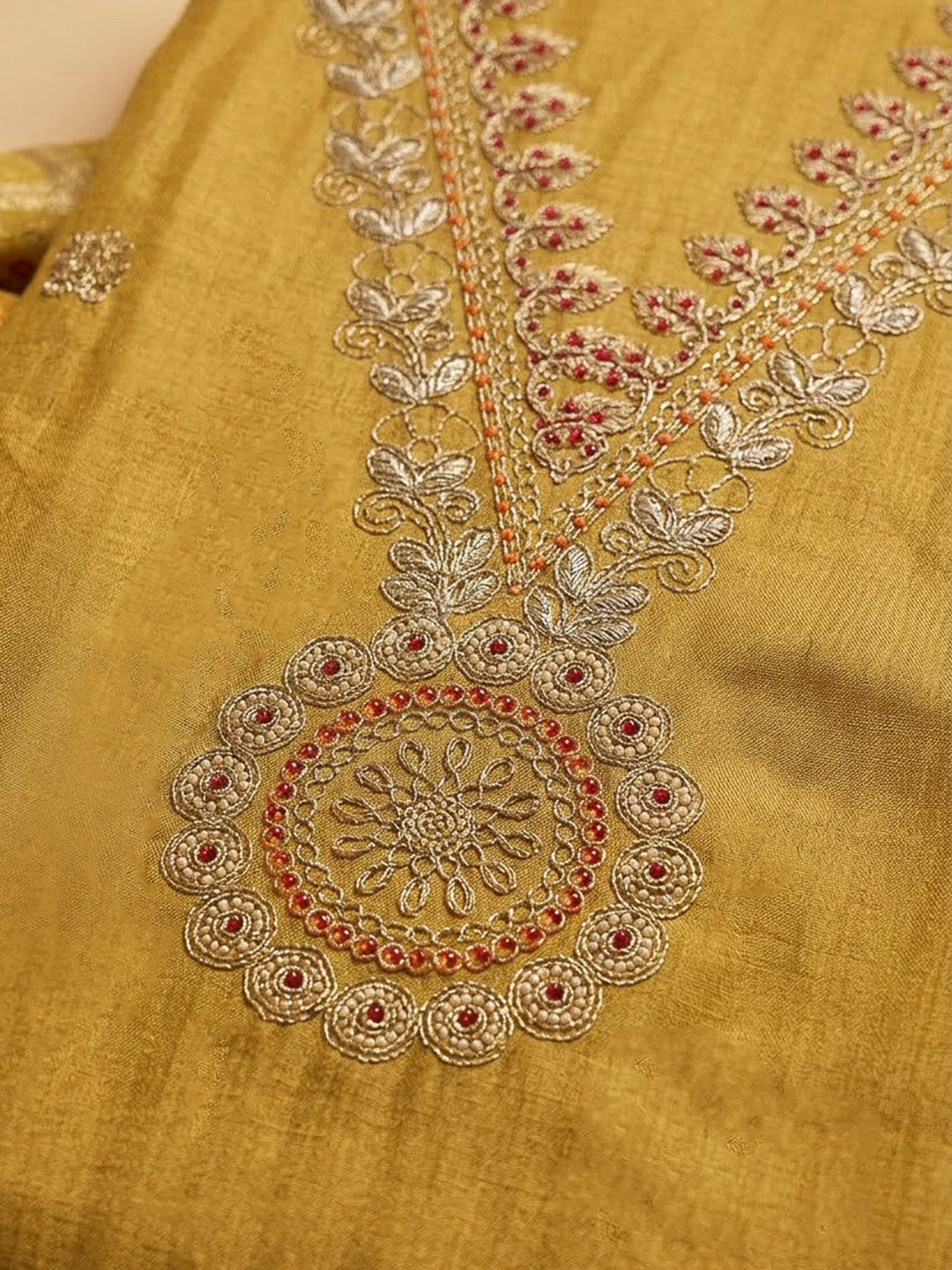 Mustard Tissue Embroidered Unstitched Dress Material