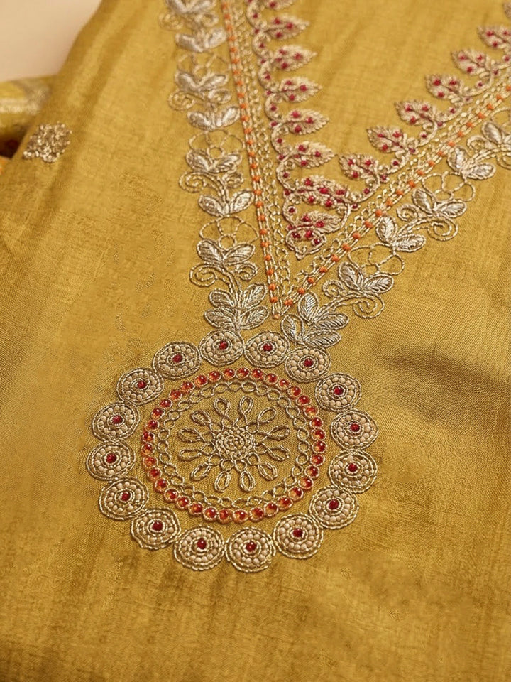 Mustard Tissue Embroidered Unstitched Dress Material