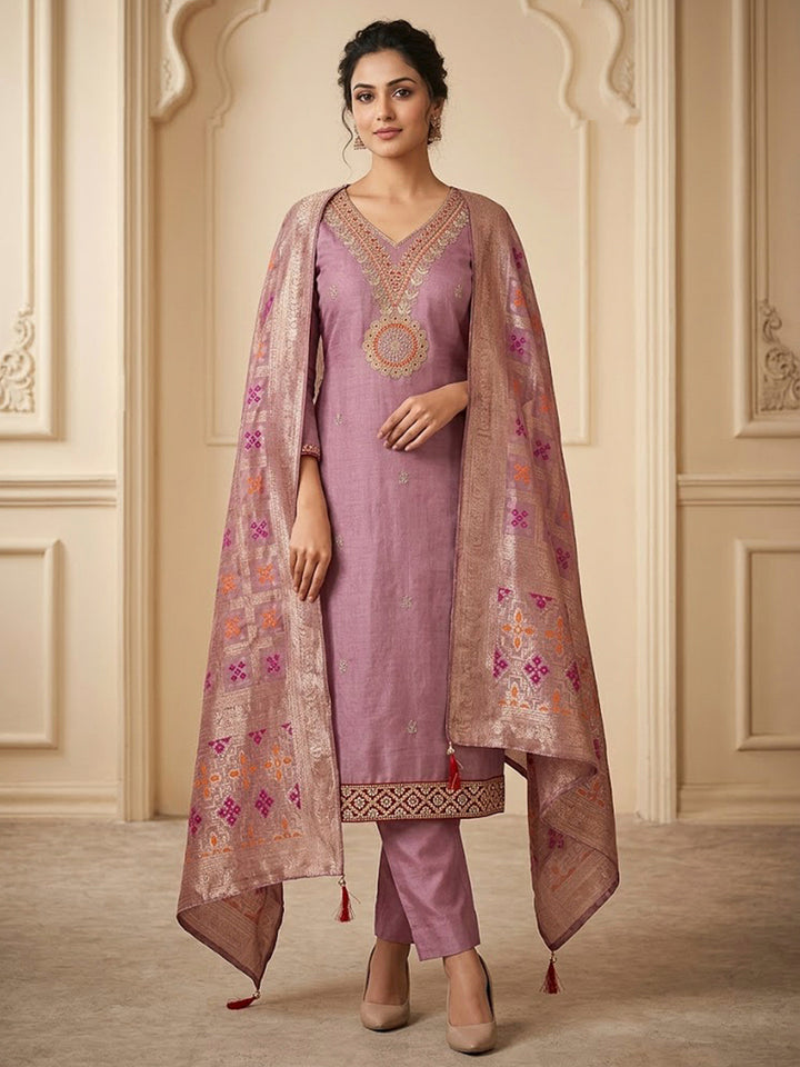 Onion Pink Tissue Embroidered Unstitched Dress Material