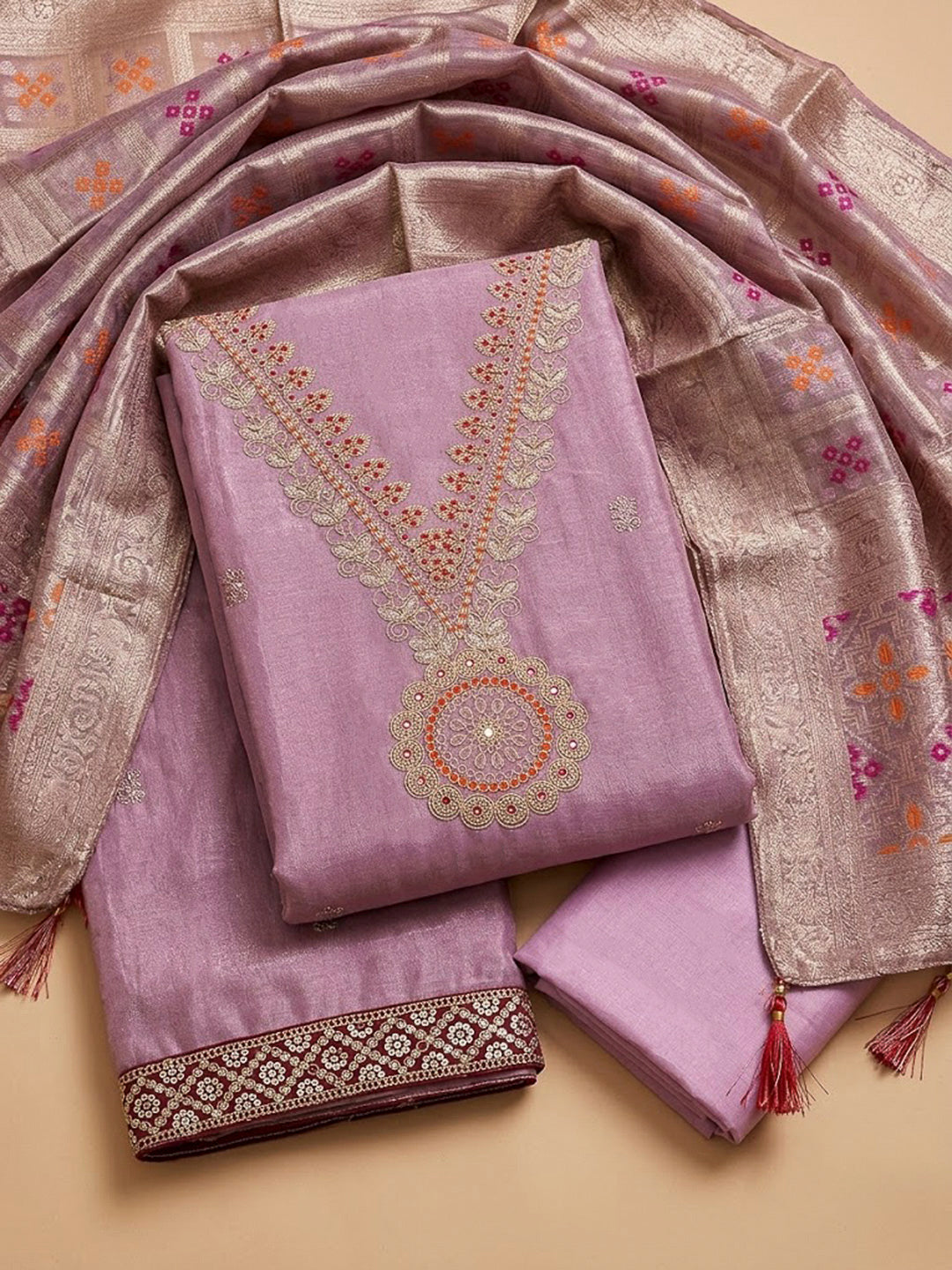 Onion Pink Tissue Embroidered Unstitched Dress Material