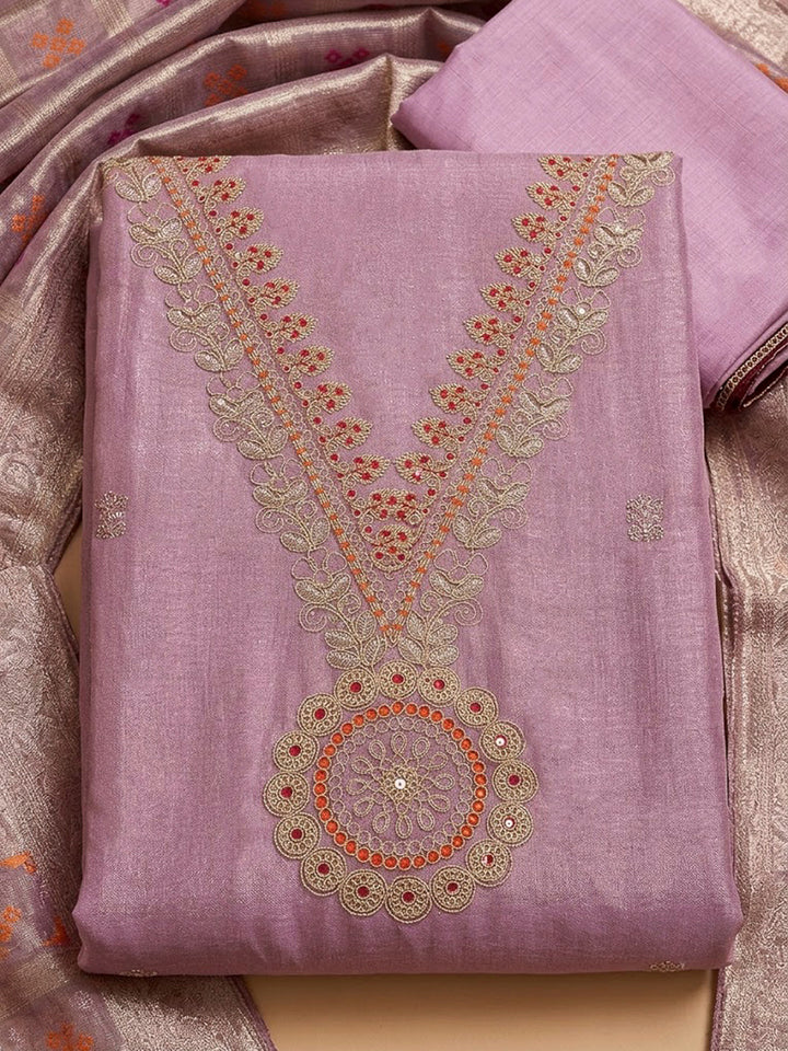 Onion Pink Tissue Embroidered Unstitched Dress Material