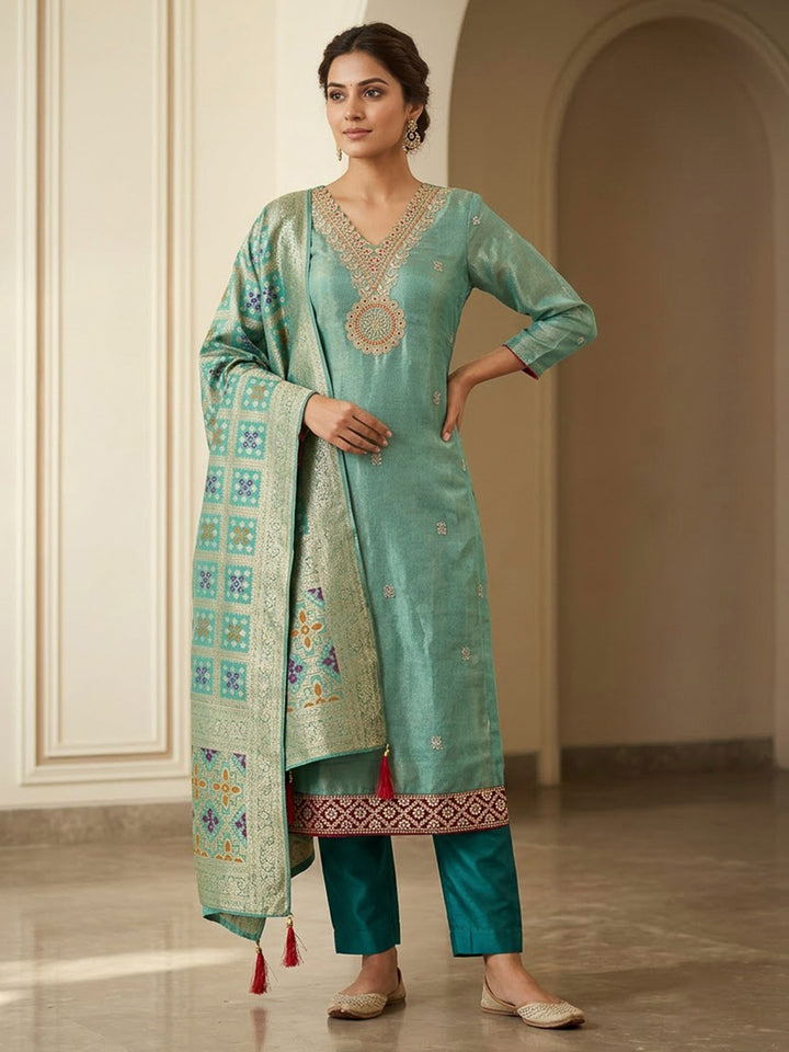 Rama Green Tissue Embroidered Unstitched Dress Material