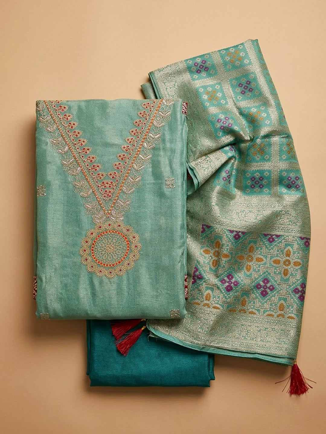 Rama Green Tissue Embroidered Unstitched Dress Material
