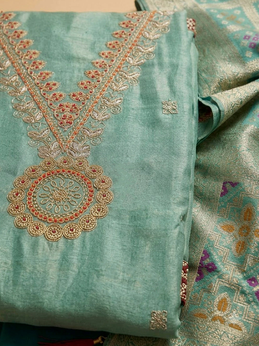 Rama Green Tissue Embroidered Unstitched Dress Material