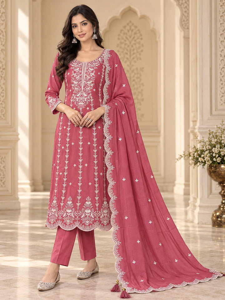Onion Pink Chanderi Embroidered Unstitched Dress Material