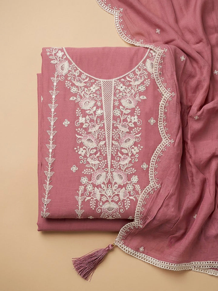 Onion Pink Chanderi Embroidered Unstitched Dress Material