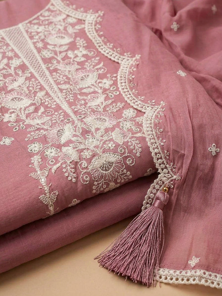 Onion Pink Chanderi Embroidered Unstitched Dress Material
