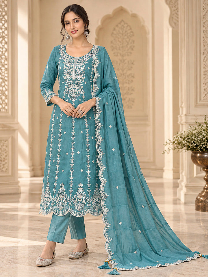 Rama Green Chanderi Embroidered Unstitched Dress Material