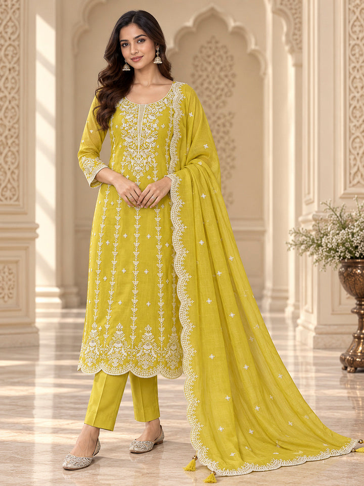 Yellow Chanderi Embroidered Unstitched Dress Material