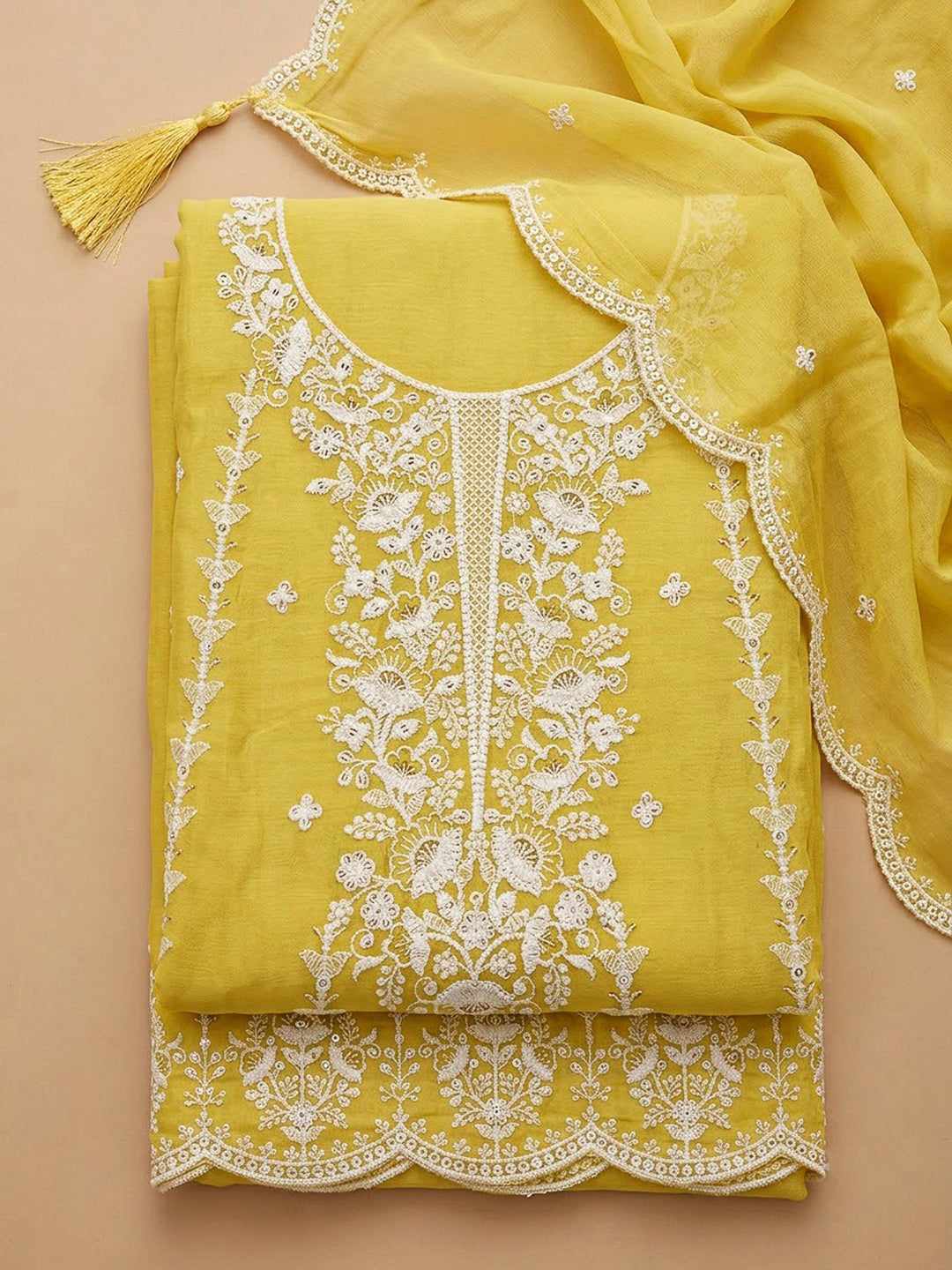 Yellow Chanderi Embroidered Unstitched Dress Material