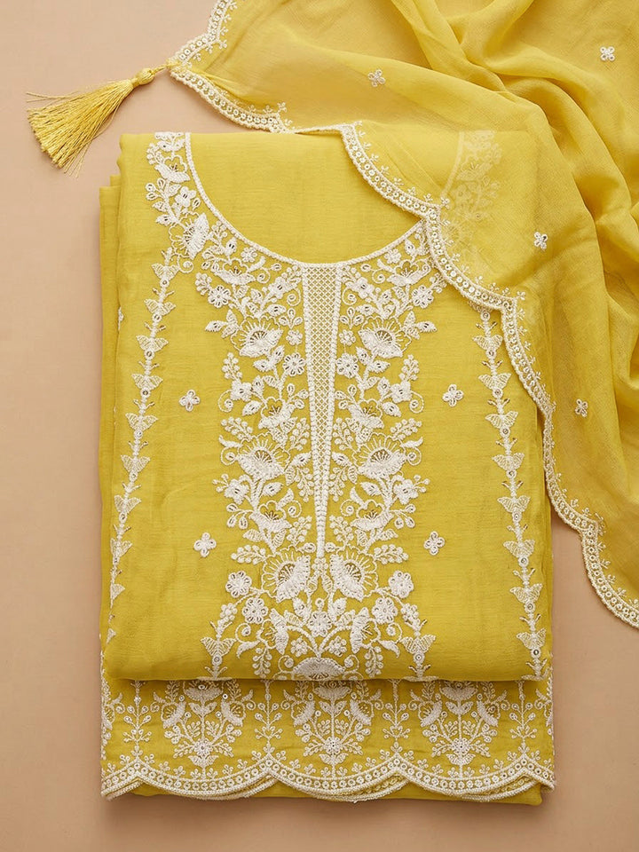 Yellow Chanderi Embroidered Unstitched Dress Material