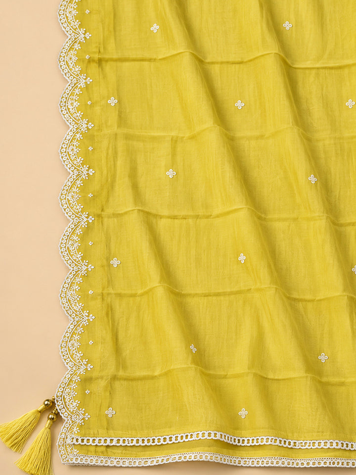 Yellow Chanderi Embroidered Unstitched Dress Material