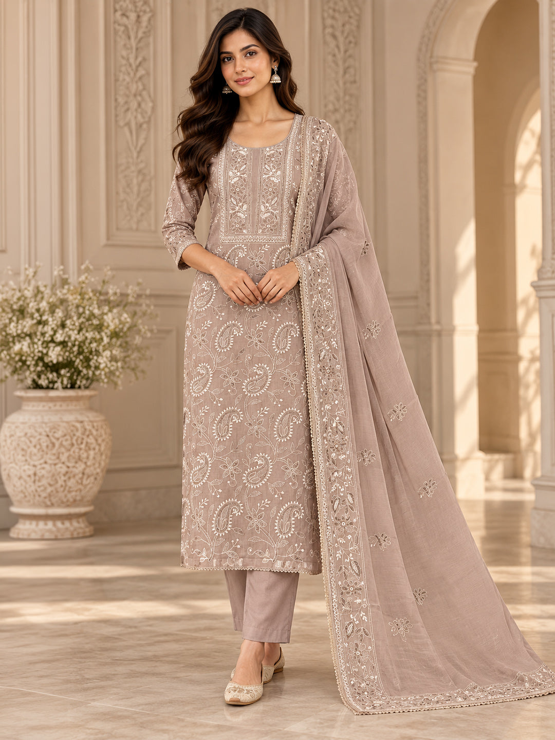 Beige Chanderi Embroidered Unstitched Dress Material