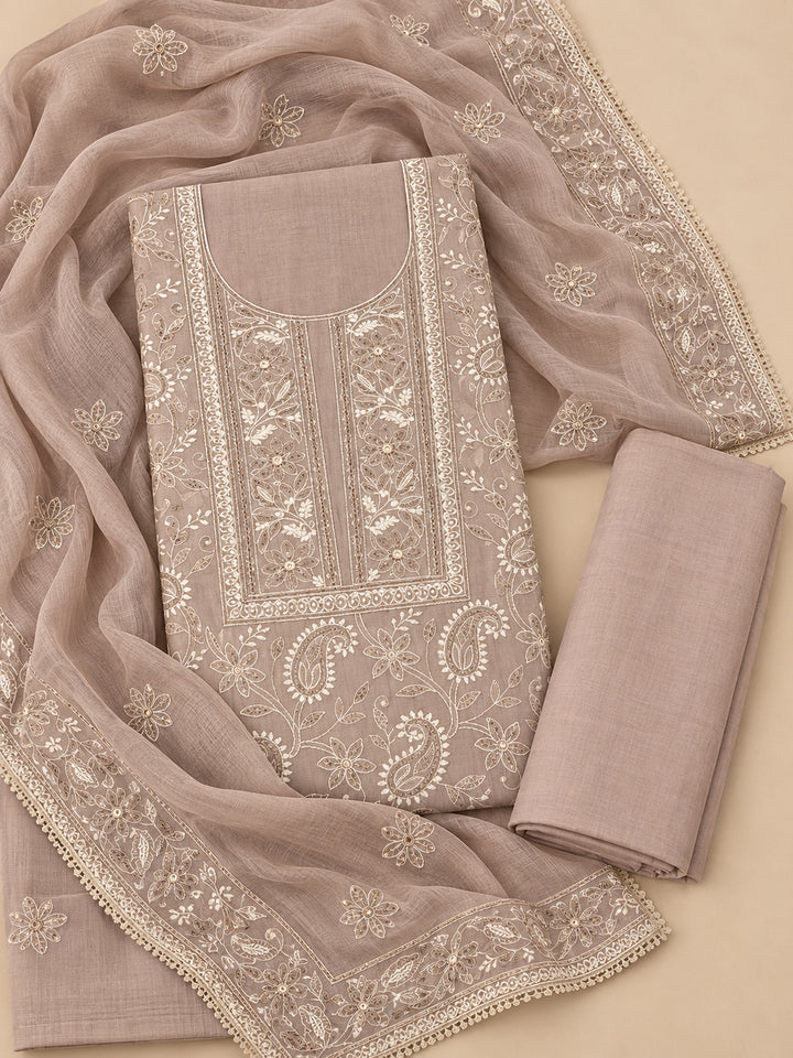 Beige Chanderi Embroidered Unstitched Dress Material